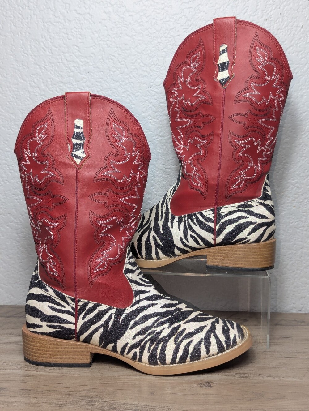 Roper Zebra Glitter Western Cowboy Boots Red Shaft Square Toe Women's Size 6.5